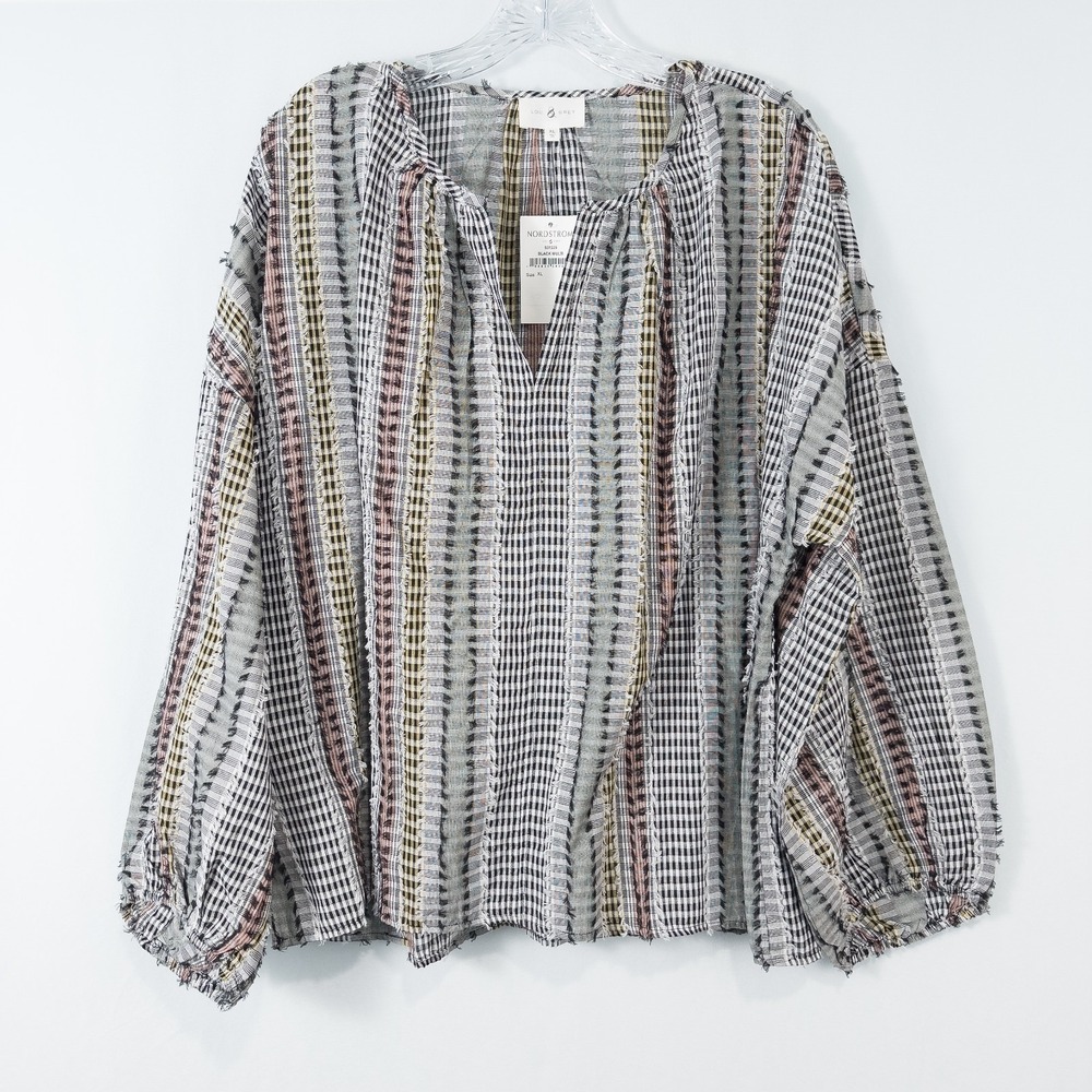 Lou & Grey Striped Gingham Peasant Blouse Womens XL Lightweight Fringe Boxy Boho